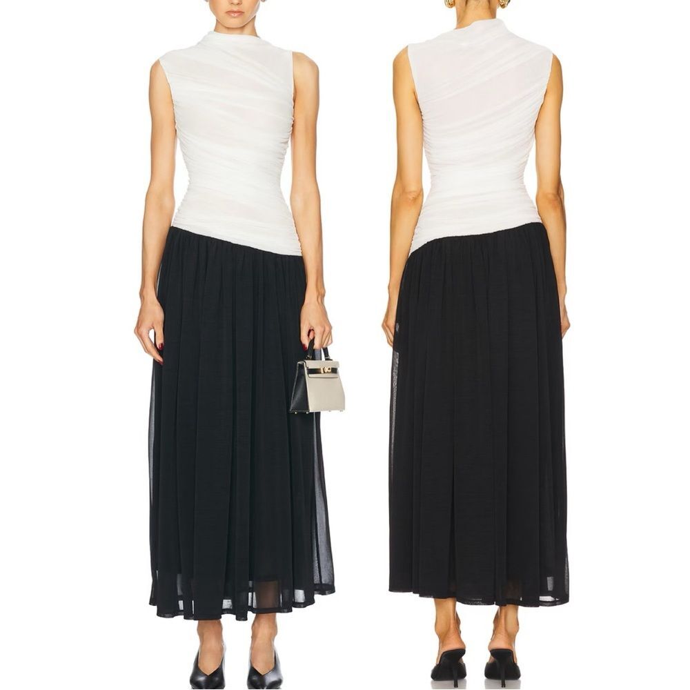NEW Nicholas the Label Maxi Dress Odila White Black Drop Waist Ruched size 0